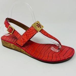 Tory Burch Wedged Cork Sandals Croc Embossed Leather Pink Size 7.5